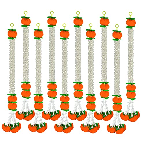 Image of iHandikart Jasmine Artificial Orange Marigold Flower Hanging Garland Traditional Festive Garland for Door, Mandir & Pooja Decor Handmade Floral Decoration | 28 Inch | Pack of 10 (IHK-HV33302-10).
