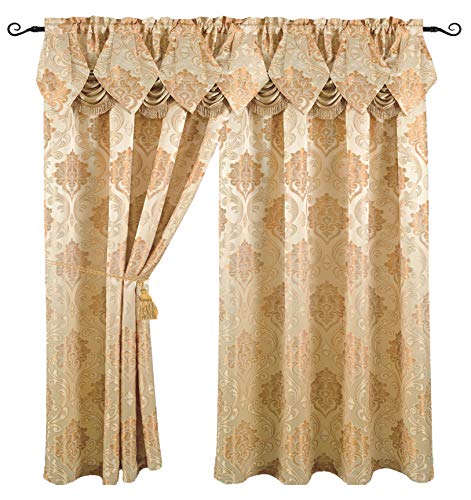 Venice Collections Luxury Jacquard Curtain Panel with Attached Waterfall Valance, 54 by 84-Inch Angelina Beige
