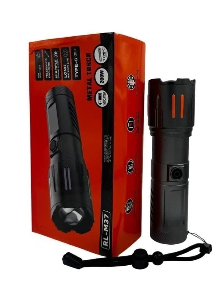 RL-M37 200W LED Metal Torch Rechargeable Flashlight | 3600mAh Battery | Type-C Fast Charging | Super Bright Long Range Zoomable Torch Light for Outdoor Camping Emergency-image-8