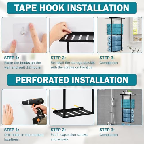 Samlonge 76cm Toallero de Baño de Pared, Toallero de Baño Sin Taladro con Estante y 6 Ganchos Toallero de Pared Autoadhesivo Soporte de Pared para Toallas Negro - imagen 3