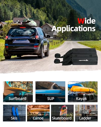 Image of Abahub Soft Roof Rack Pads System for Surfboard, Kayak, Canoe 32 Inch | Car Roof Rack Pads Use with Cross Bar, with 2 Tie Down Straps, 2 Tie Down Ropes, 2 Hood Loops and Storage Bag