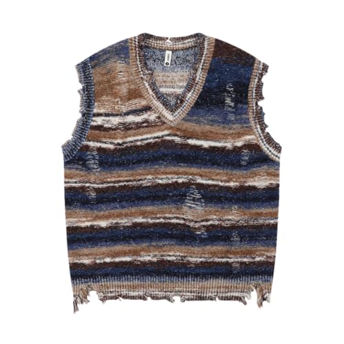 Mens Vintage Gradient Stripe Baggy Knitted Vest Washed Ripped Sweater Tank Top V-Neck Sleeveless