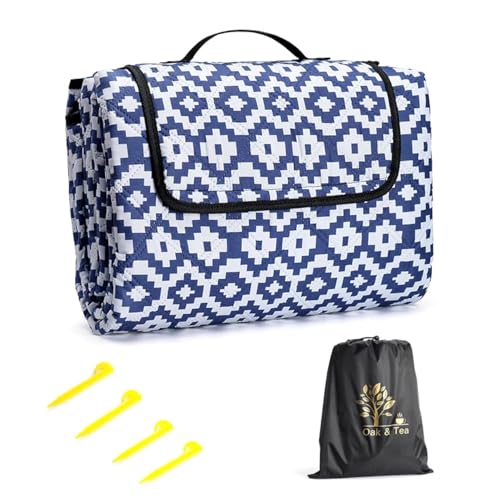 Oak & Tea Manta de Picnic Esterilla Playa Impermeable con 4 Hebillas de Esquina Manta Camping para Playa y Camping 150 x 200 cm Color Azul y Blanco