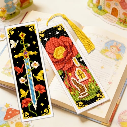 Image of ACRNIGHEET 6PCS Cross Stitch Bookmark Kit for Beginner Fairy Tale Stamped Cross Stitch Kits Needlepoint Kit for Adults DIY Tassel Embroidery Bookmark Kits with Instructions Craft Gift 8.5 inchx3 inch 11CT
