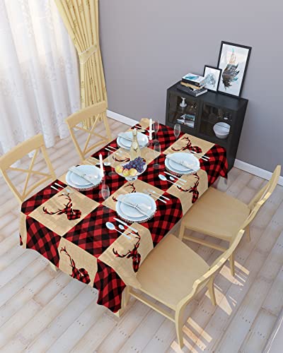 Lusweet Rectangle Tablecloth 60 X 84 Inch Merry Christmas Reindeer Red Farmhouse Buffalo Plaid Table Cloth Decorative Fabric Waterproof Table Cover For Dining Table,Buffet,Tabletop #TOP1