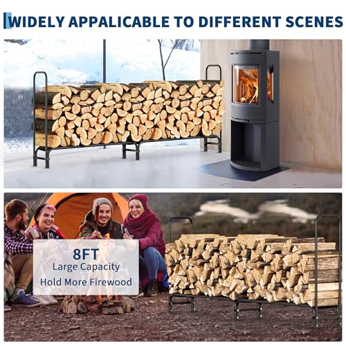 8FT Firewood Rack Outdoor, Firewood Rack Indoor with Fabric Mesh, Heavy Duty Fire Wood Racks Holds Up to 4000LBS, Metal Wood Pile Storage Organizer for Storing Logs of Various Size, Black
