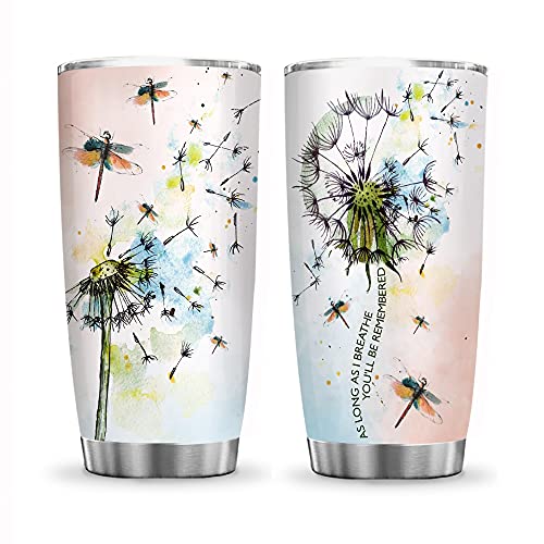 64HYDRO 20oz Dandelion Dragonfly Painting Drawing Inspiration As Long As I Breathe You'll Be Remembered Tumbler Cup with Lid, Double Wall Vacuum Thermos Insulated Travel Coffee Mug - BGX1811004