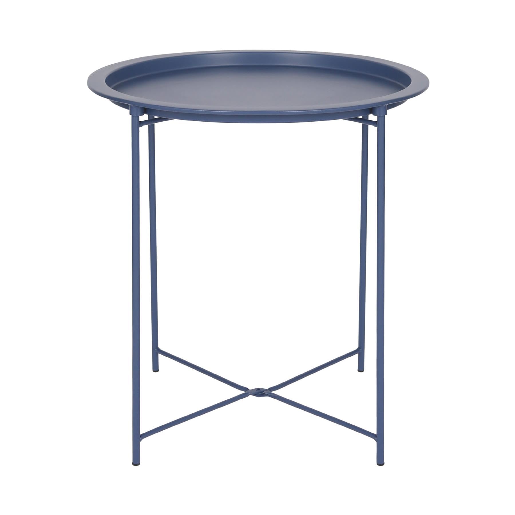 Harbour Housewares Round Tray Table with Removable Tray - Pack of 1 - Matte Navy Steel Bed Side Table Raised Lip Serving Dish Compact Collapsible Folding Stand for Bedroom, Home and Office