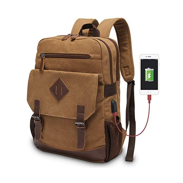 Canvas Backpack for Men Women, Vintage Rucksack Fits Most 15.6 Inch Laptop, Bookbag with USB Charging Port, Brown