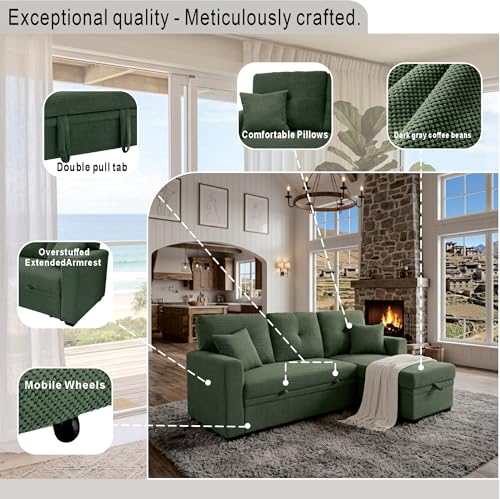Image of KEIKI 71 inch Sectional L Shaped Pull Out Sofa Bed, Sleeper Sofa with Reversible Chaise, 3 Seater Modular Sectional Sofa with Storage for Living Room, Dark Green