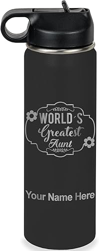LaserGram Botella de agua personalizada, la tía más grande del mundo, acero inoxidable de doble pared aislada al vacío con popote superior, regalo