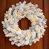 Flocked Christmas Wreath with Lights,24 Inch Artificial Pre-Lit Christmas Wreaths for Front Door, Porch, Entryway, Outdoor Holiday Decorations, with Snow Flocked