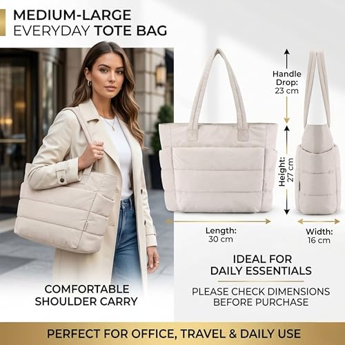 Image of Quilted Puffy Tote Bag for Women | Large Capacity | Soft Nylon Padded Design | Lightweight & Spacious | Ideal for Work, Travel, Shopping (Biege)