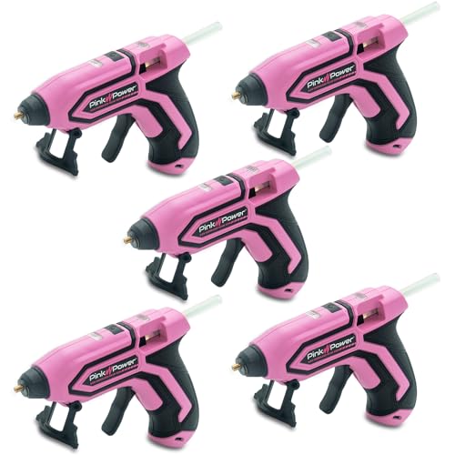 Pink Power 5 set Mini Cordless Hot Glue Gun Kits with Stand – 100 Sticks,...