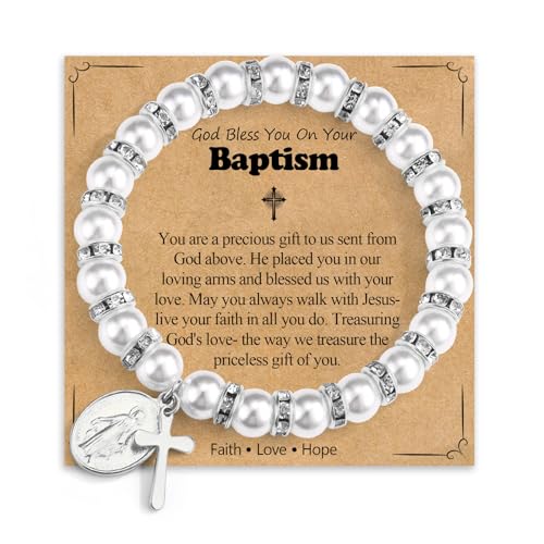 Pearl Cross Charm Bracelet for Girls, Baptism First Communion Easter Confirmation Gifts for Teens Girls Kids, Catholic Religious Christian Jewelry for Teens Goddaughter