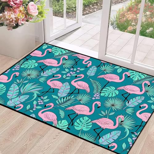 2' x 3' Flamingo Area Rug: Teal Background with Oceanic Coastal Non-Slip Carpet for Bedroom Entryway Hallway Floor Mat Doormat, 23.6" x 35.4" Flamingo