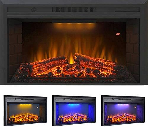 Flameline 36" Roluxy Recessed Electric Fireplace Insert with Brick Panel, Log Speaker and 3 Light Color and 5 Flame Intensity with Remote, 750/1500W, Black