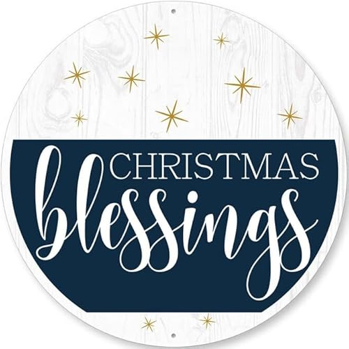 Christmas Blessings Round Metal Sign Holiday Season Merry Plaque Wall Art Decor
