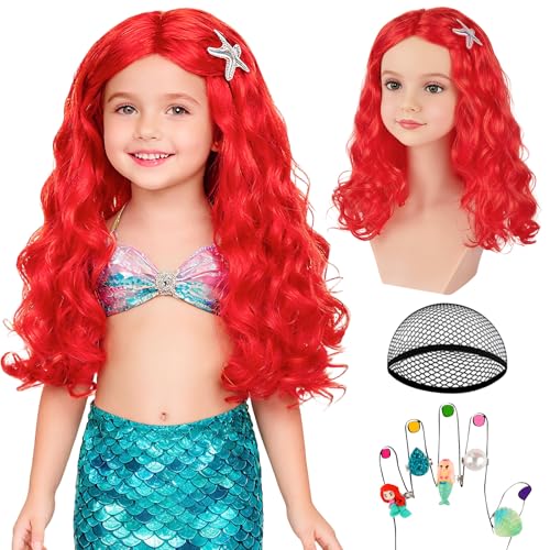 MEEZY Mermaid Red Wigs for Women Long Wavy Curly Wig Cospaly Mermaid Hair Red Funny Hair with Accessories for Dress Up Christmas Halloween Costume Birthday Party Daily Use