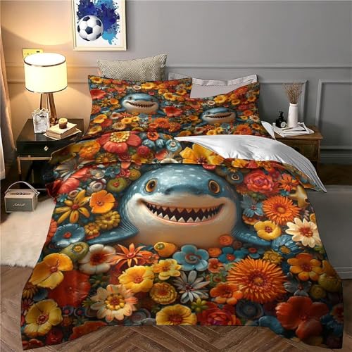 Housse de couette requin et fleurs douce avec fermeture éclair pour fille