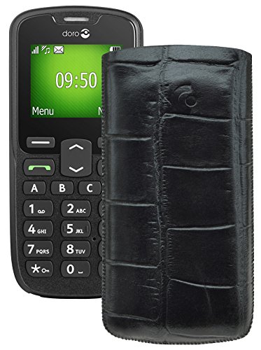 Suncase Original Tasche für/Doro PhoneEasy 506 / Leder Etui Handytasche Ledertasche Schutzhülle Hülle Hülle *Lasche mit Rückzugfunktion* Croco-schwarz