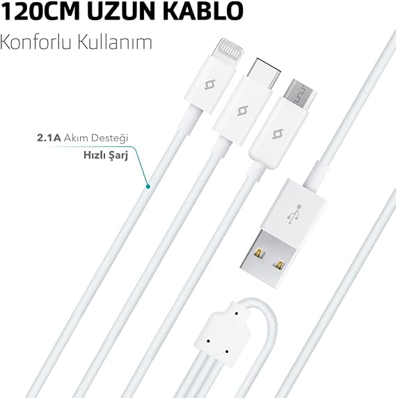 ttec Trio Type-C-Lightning-Micro USB 120cm Charging Cable, Black
