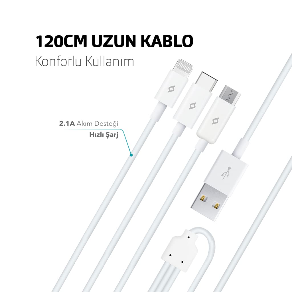 ttec Trio Type-C-Lightning-Micro USB 120cm Şarj Kablosu, Siyah