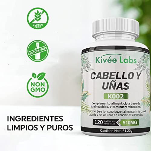 Kivéelabs 120 Cápsulas - Vitaminas para el Cabello - Biotina para el Cabello - Vitamina C - Zinc capsulas - Sin gluten, Apto para Veganos y sin OMG - Fabricado en España