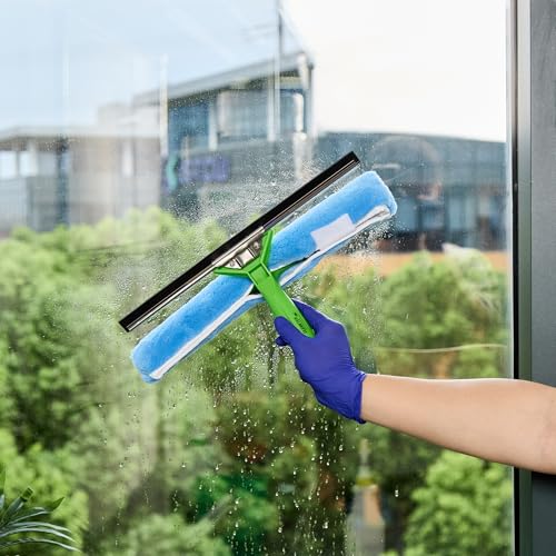 Image of Restaurantware-Clean Tek Professional 2-in-1 Squeegee and Window Scrubber, 1 Dual Head Window Cleaner - Includes T-Bar Handle, Removable and Machine Washable Washer, Blue Plastic Squeegee for Glass