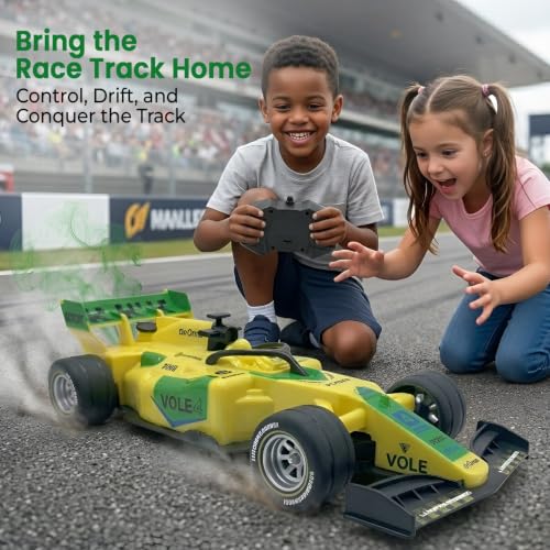 Image of WireScorts Rechargeable High Speed F1 Formula Racing Car with Smoke Spray and Lights for Kids, RC Car for 4-15 Years Old Boys, Racing Car for Kids, Smoke Mist Spray & LED Lights - Yellow