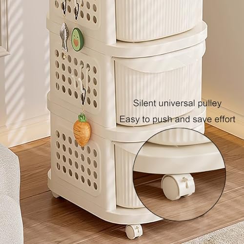 Carrello portaoggetti in plastica con cassetti e ruote, multifunzione, per bagno, camera da letto e ufficio, bianco crema (103,9 x 38,1 x 30 cm) con maniglia