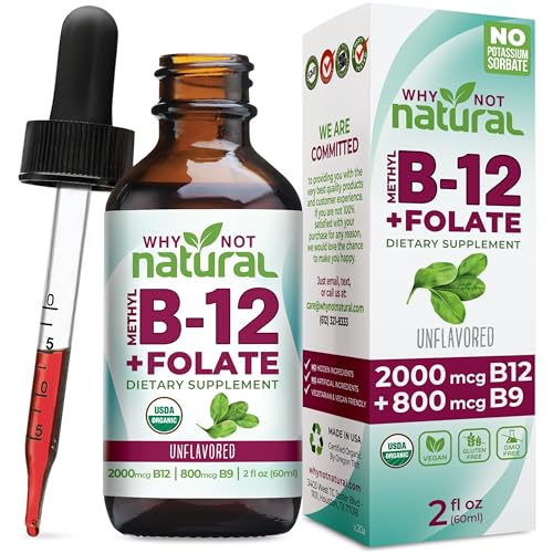 Why Not Natural Vitamin B12 Liquid Plus Folate - Organic Sublingual Extra Strength Vegan Drops - Methyl Supplement with Folinic