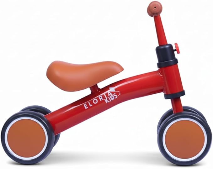 Bicicleta de equilíbrio infantil vermelha sem pedal, com rodas largas em EVA e assento marrom.