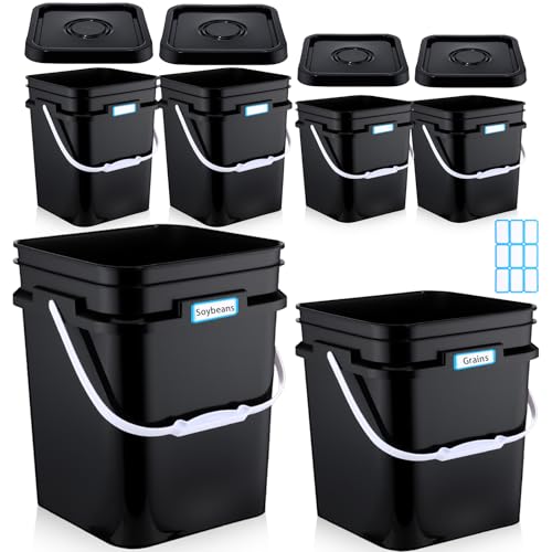 Vesici 6 Pcs 5 Gallon 3 Gallon Square Bucket Pail with Plastic Handle and Lid Storage Food Container Industrial Pail with DIY Label Sticker for Camping Fishing Paint Water Art Crafts Project, Black