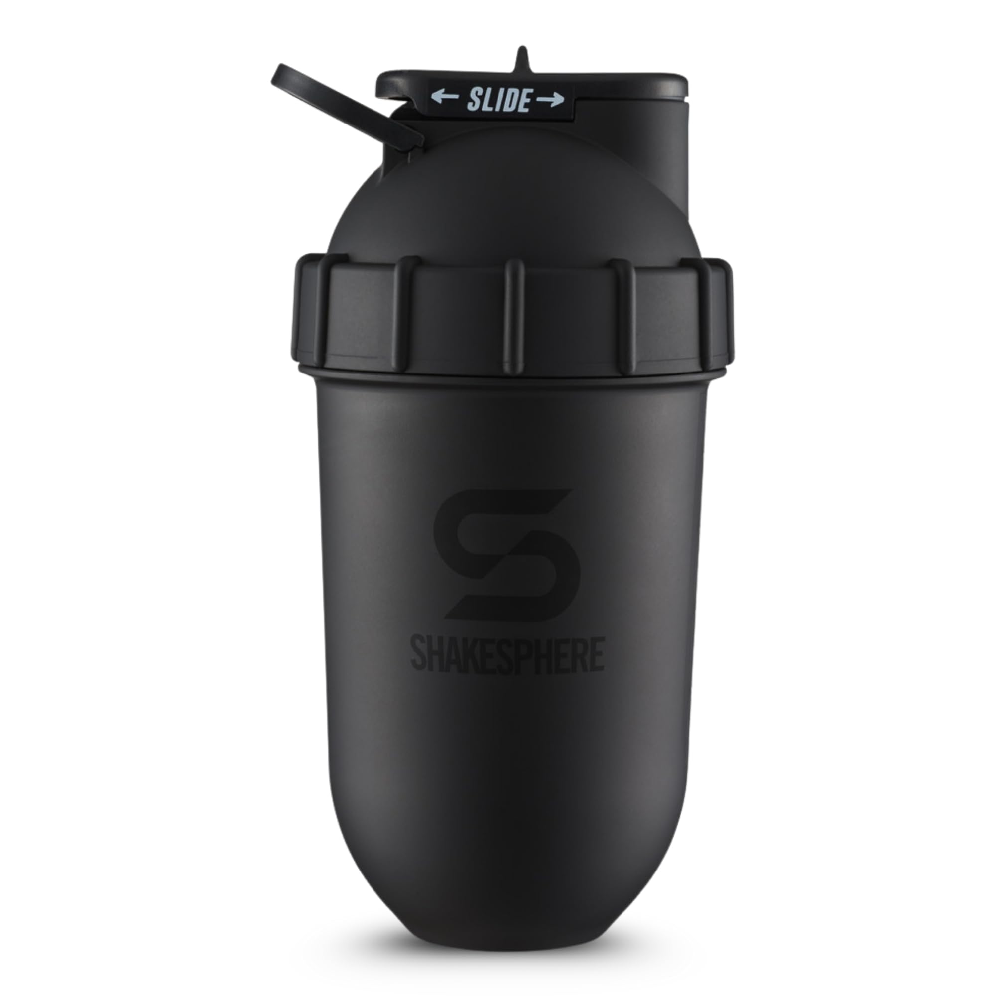 Protein Shaker Bottle, 24oz Capsule Shape Mixing Easy Clean Up No Blending Ball or Whisk Needed BPA Free Mix & Drink Shakes, Smoothies, More (Matte Black -Black Logo)