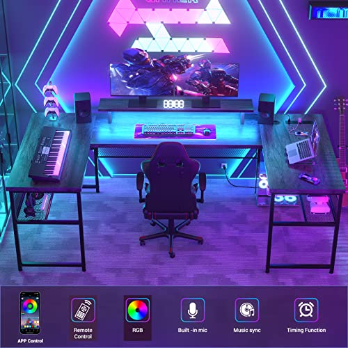 Unikito U Shaped Computer Desk, Reversible Office Desk With Led Strip And Power Outlet, L Shaped Gaming Desks With Monitor Stand And Storage Shelf, 83 Inch 2 Person U- Shape Corner Table, Black Oak #TOP5