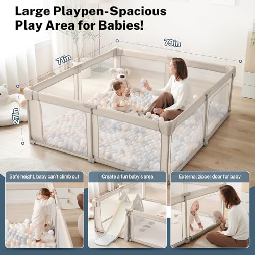 Image of Baby Playpen Portable, Pre-Assembled Play Pen 59x59 Large Foldable Playpen for Babies and Toddlers, Sturdy and Safe Toddler Play Yard Indoor Outdoor with Carry Bag,Khaki