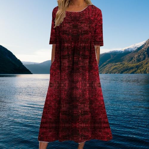 Summer Boho Dress Floral Print Short Sleeve Crewneck Casual Fashion High Waist Dresses with Pockets - Image 3