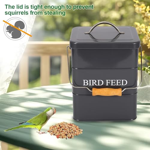 Bird Seed Storage Container Airtight,5~6LB Metal Bird Food Container with Scoop,Wild Birds Feed Tin for Storing Sunflower Seed-Ideal for Outdoor or Indoor-Squirrel proof-Gray