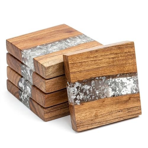 Image of Coaster Set of 4 for Dining Table - Premium Wooden Coasters with Silver Foil Resin Design - Tea, Coffee & Glass Drink Coasters - Luxury Table Coasters for Office Desk, Kitchen & Home Decor