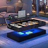 chartustriable 47.2' Large Lift Top Coffee Table with Charging Station, LED Modern High Glossy Center Table with Hidden Compartment Storage, White Lift Living Room Tables with Marbling Print, Black