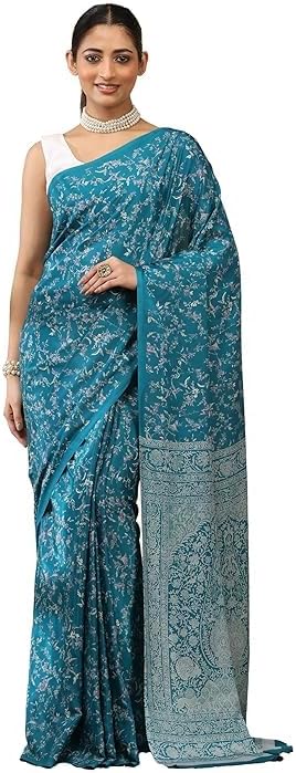 Floral Print Crepe Saree with Unstitched Blouse Piece, Teal, 5.5 Meter Saree and 0.8 Meter Blouse