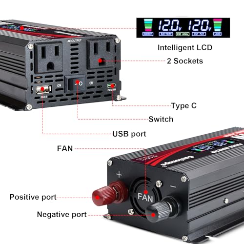Cantonape 1200W/2400W(Peak) Power Inverter DC 12V to 110V/120V AC Converter with LCD Display Dual AC Outlets 3.0A USB and Type-C Car Inverter for Truck Vehicles Laptop Trip - Thumbnail 4