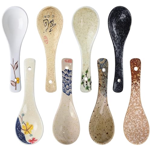 Dengthrive Ramen Löffel: 8 Stück 14cm Unterglasurbemalte Retro-Muster Asiatische Keramik Suppenlöffel für Familienhotels und Restaurants