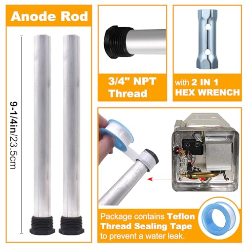 Image of 5 Pack RV Water Heater Anode Rod & RV Water Heater Tank Rinser - 9.25 inch L x 3 /4 inch NPT Thread Magnesium Rod and Metal Tube Water Tank Flusher, Replacement Part for Suburban Water Heater 232767