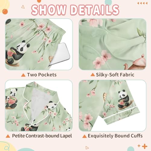 senya Panda Drinking Tea Satin Summer Pajama Sets Silk Short Sleeve Button Down Sleepwear3