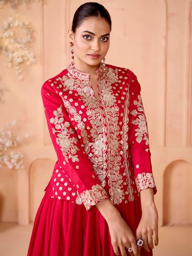 Image of madhuram textiles womens' Vichitra Silk Embroidery Dori Dori Work Short Top With Skirt Set(M-2506 Pink)