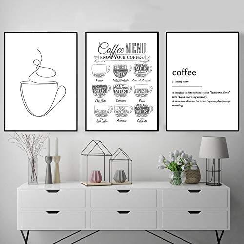 Lienzo de pared decorativo de café blanco y negro: póster de líneas simples para cafetería 1