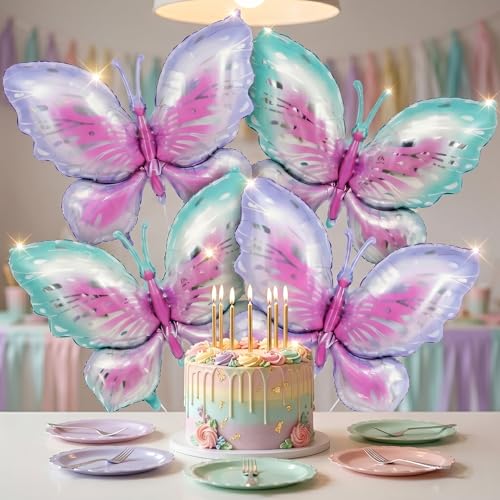 Image of Wanna Party Butterfly Balloons - 4 PCS Pink Purple & Blue Mylar Foil Balloons for Girls Women's Butterfly Theme Party Wedding Birthday Baby Shower Decoration