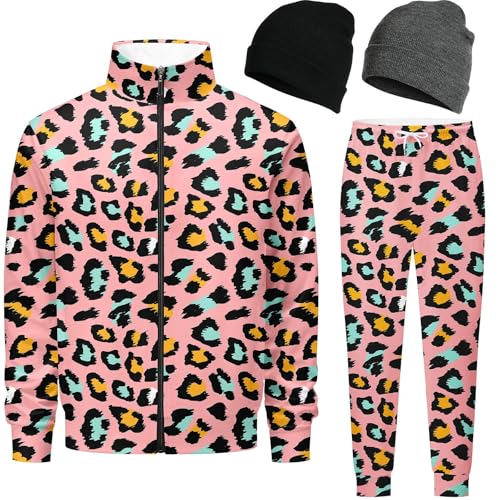Spanoous Retro 90s 80s outfit for men Leopard sweatsuits track suits for men 2 piece set Jogging Suits Warm Up Full Zipper with 2 Knit Beanie hat 03-XXL.